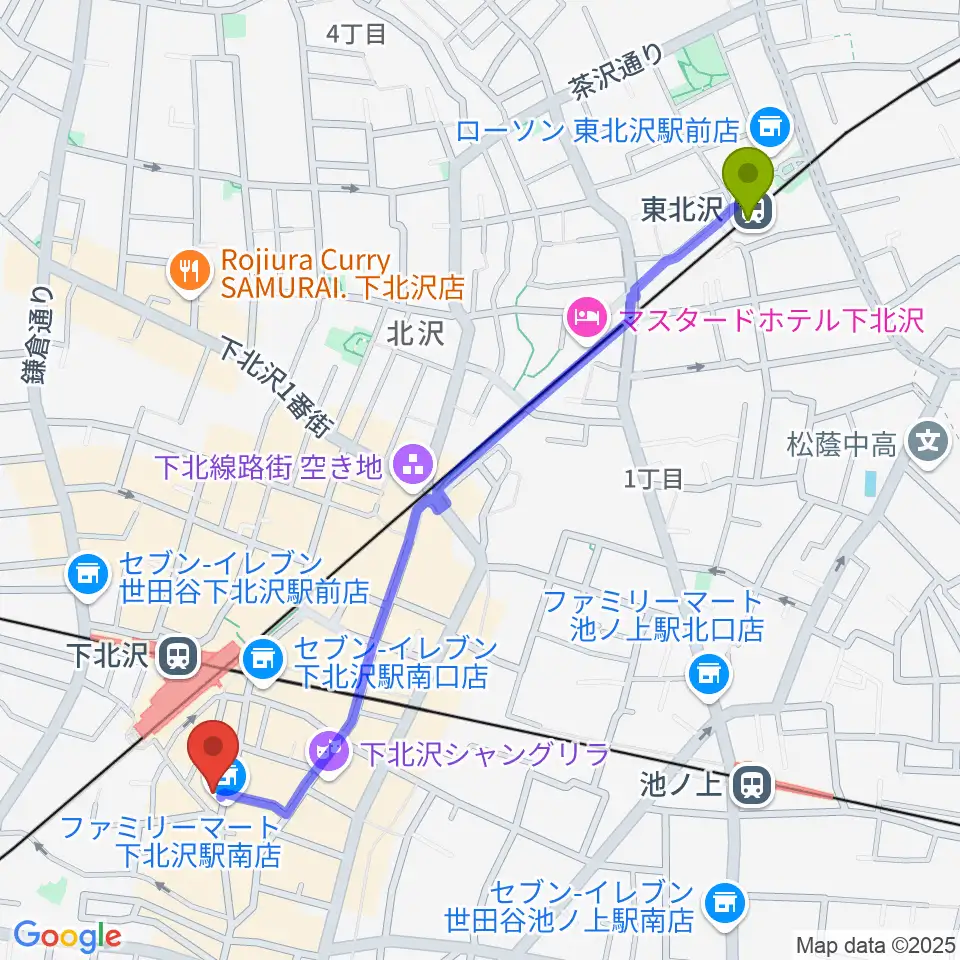 東北沢駅から空飛ぶこぶたやへのルートマップ地図