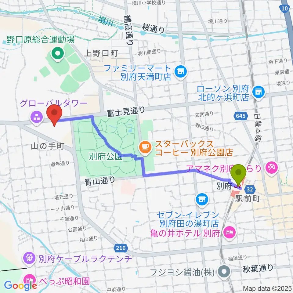 別府ビーコンプラザ・コンベンションセンターの最寄駅別府駅からの徒歩ルート（約21分）地図