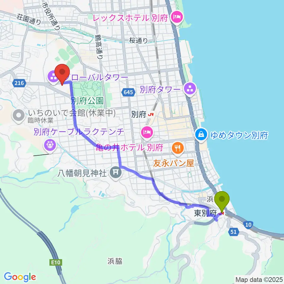 東別府駅から別府ビーコンプラザ・コンベンションセンターへのルートマップ地図