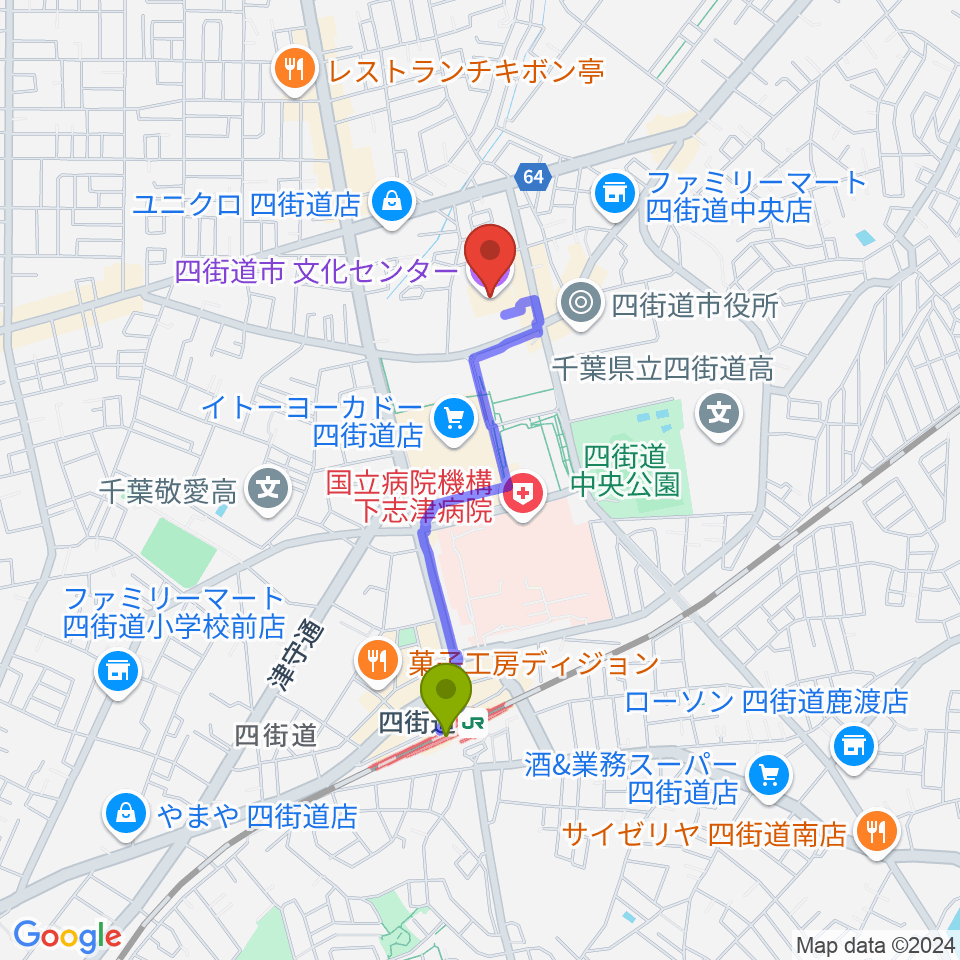 四街道市文化センターの最寄駅四街道駅からの徒歩ルート（約14分）地図