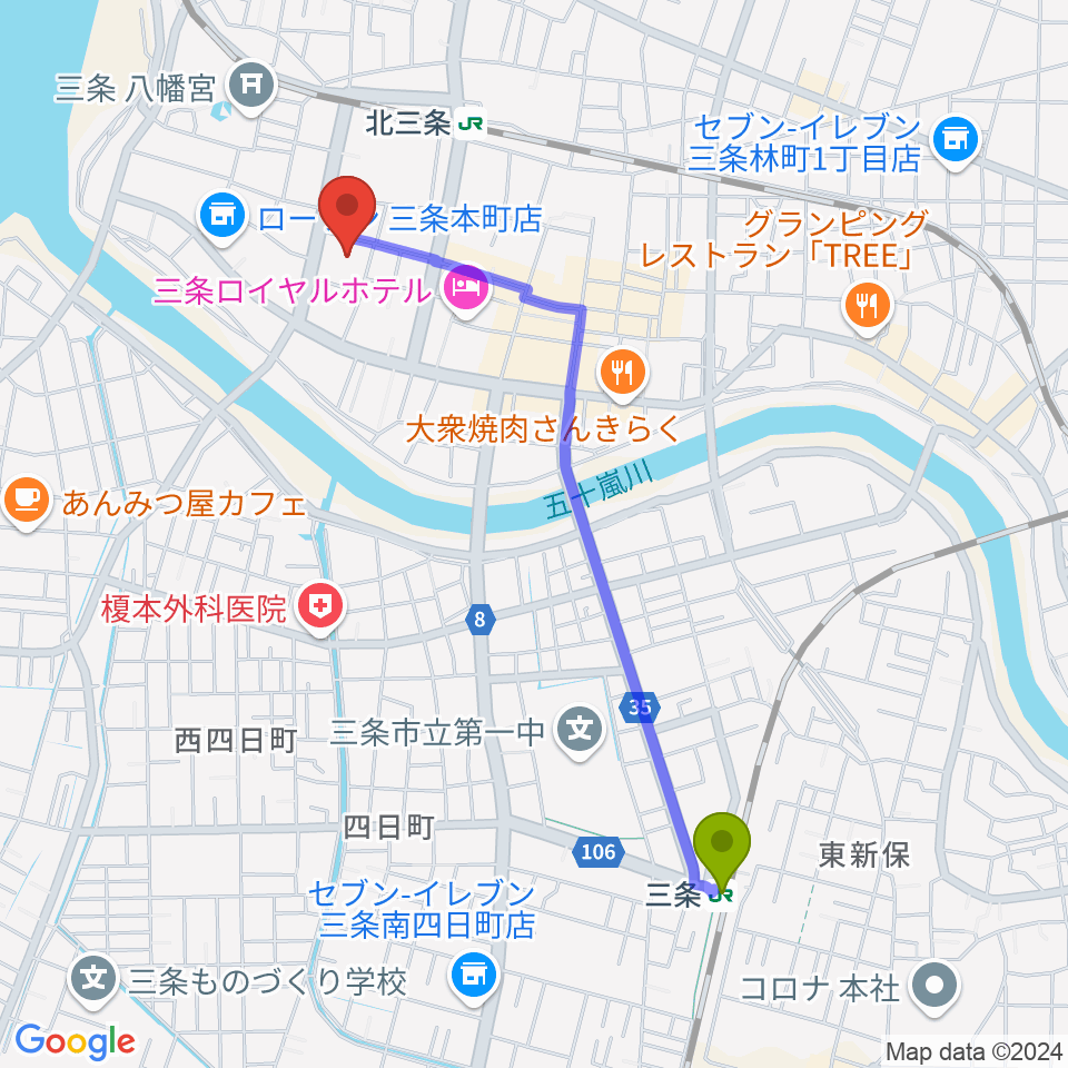 三条駅から三条市中央公民館へのルートマップ地図