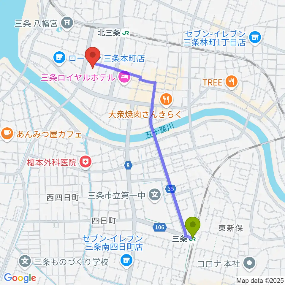 三条駅から三条市中央公民館へのルートマップ地図