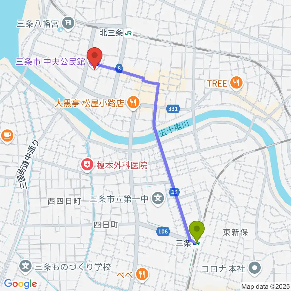 三条駅から三条市中央公民館へのルートマップ地図