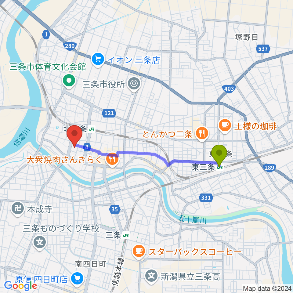 東三条駅から三条市中央公民館へのルートマップ地図