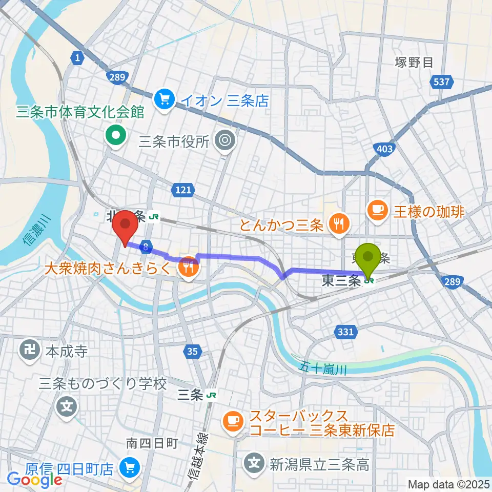 東三条駅から三条市中央公民館へのルートマップ地図