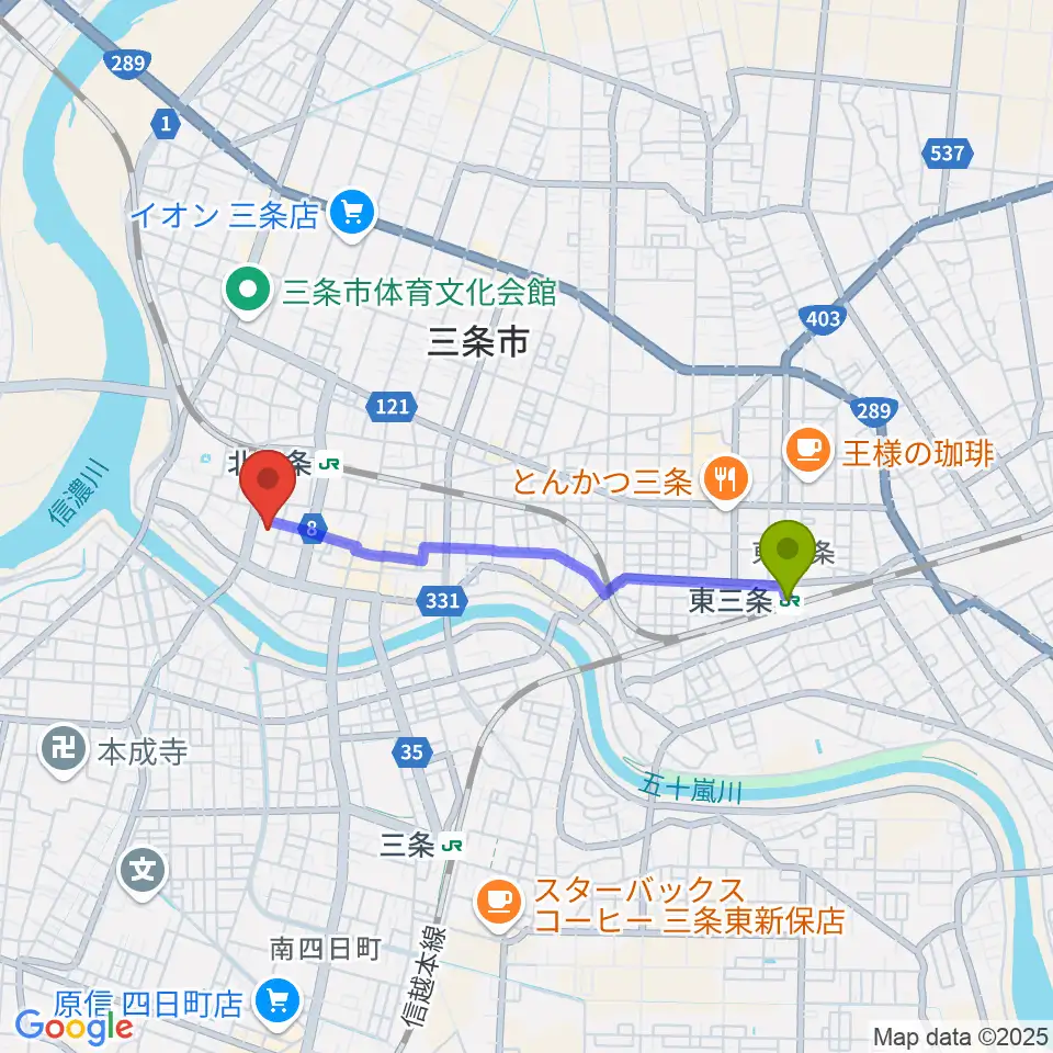 東三条駅から三条市中央公民館へのルートマップ地図
