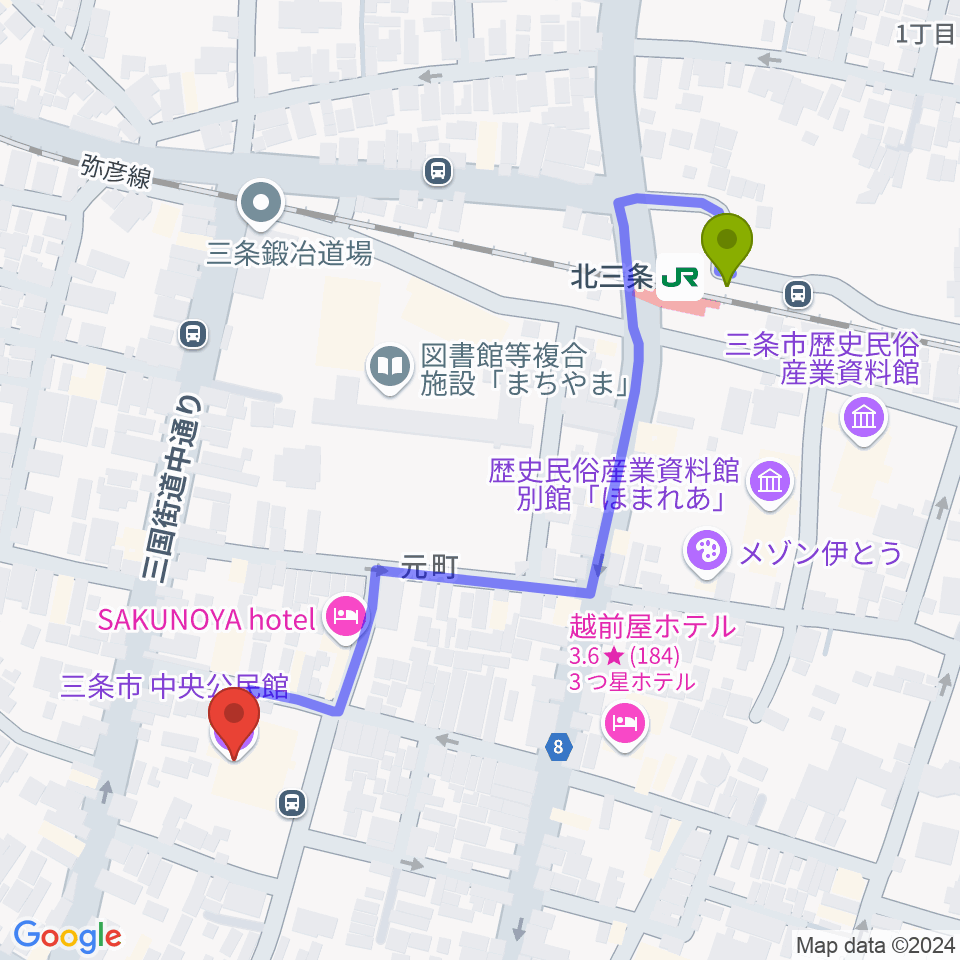 三条市中央公民館の最寄駅北三条駅からの徒歩ルート（約5分）地図