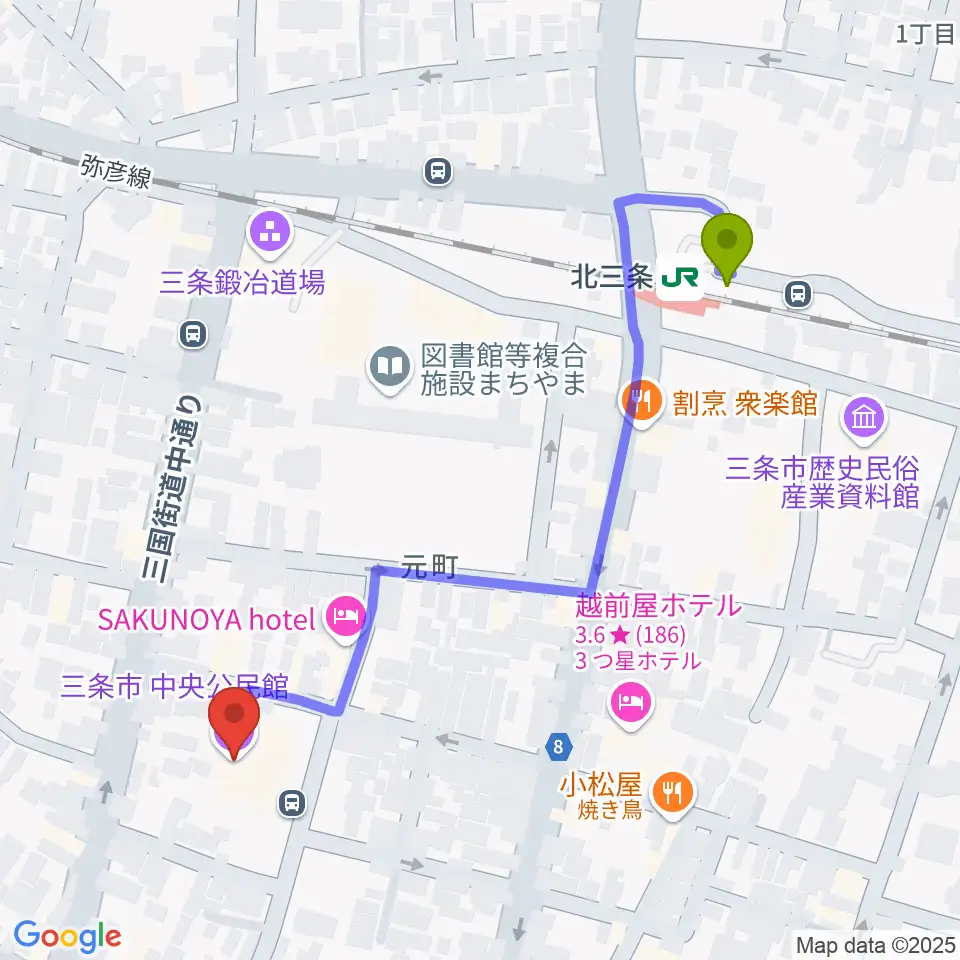 三条市中央公民館の最寄駅北三条駅からの徒歩ルート（約5分）地図