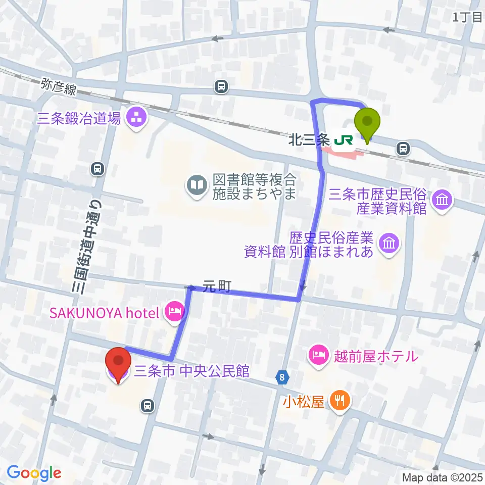三条市中央公民館の最寄駅北三条駅からの徒歩ルート（約5分）地図