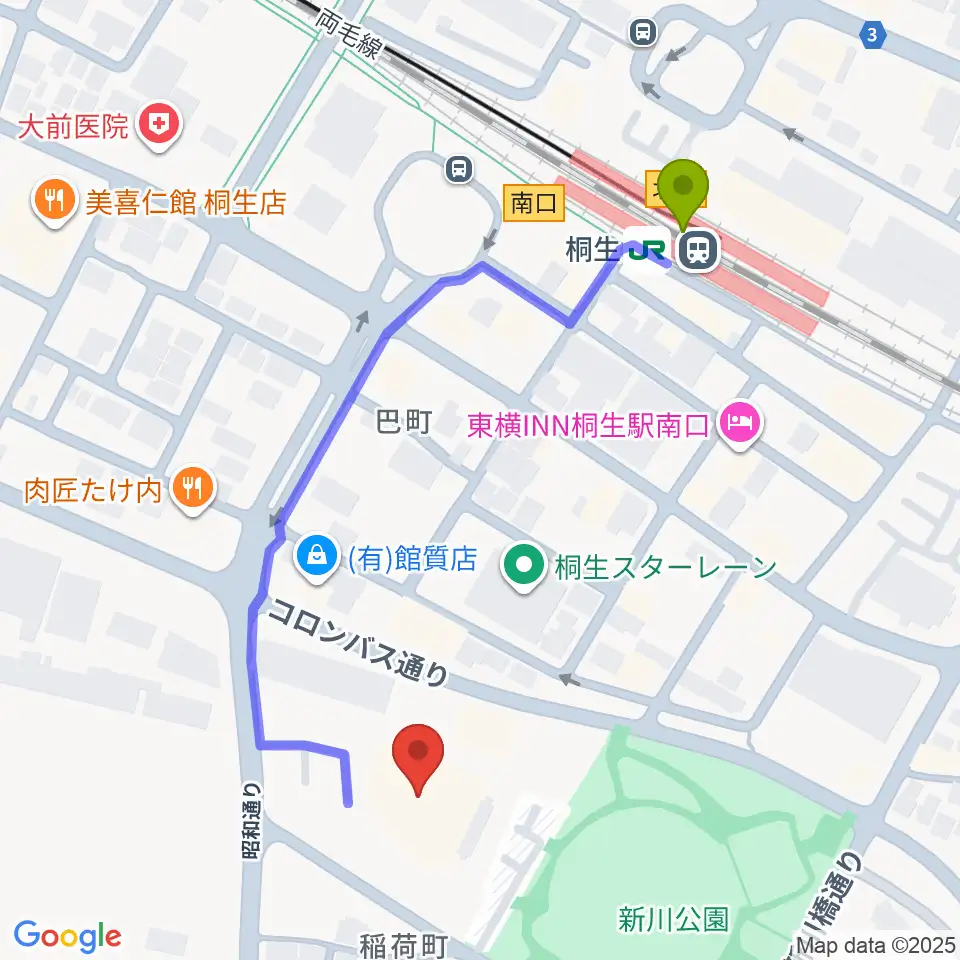 桐生市立中央公民館の最寄駅桐生駅からの徒歩ルート（約5分）地図