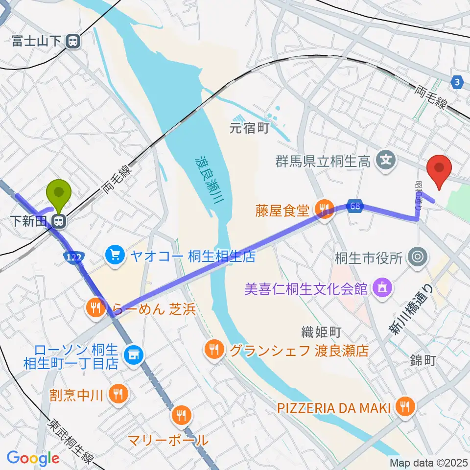 下新田駅から桐生市立中央公民館へのルートマップ地図