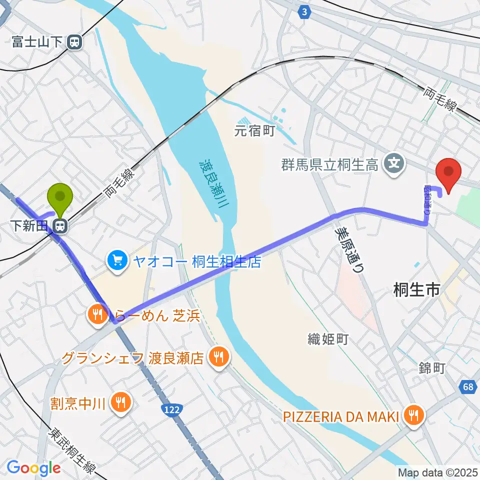 下新田駅から桐生市立中央公民館へのルートマップ地図