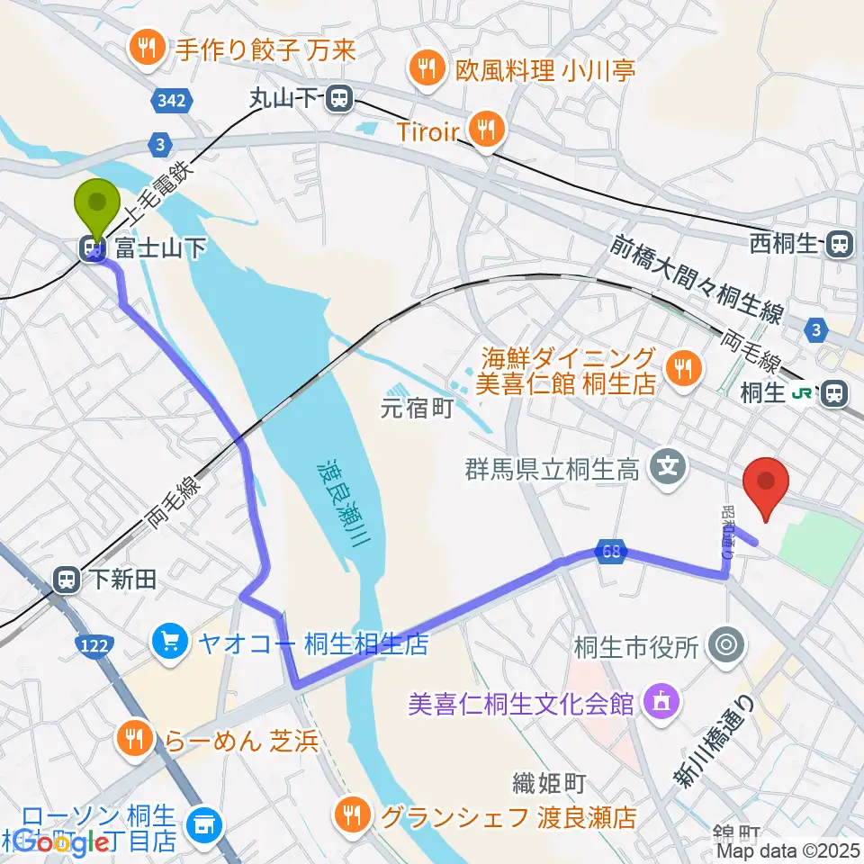 富士山下駅から桐生市立中央公民館へのルートマップ地図