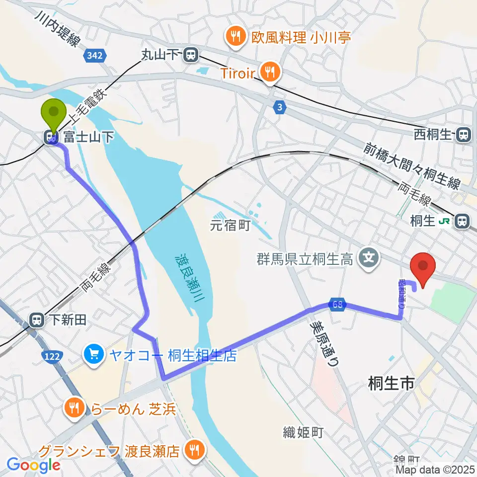 富士山下駅から桐生市立中央公民館へのルートマップ地図