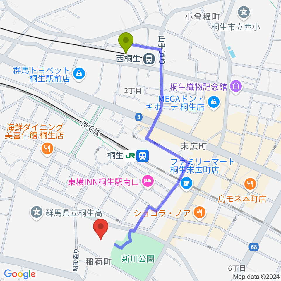 西桐生駅から桐生市立中央公民館へのルートマップ地図