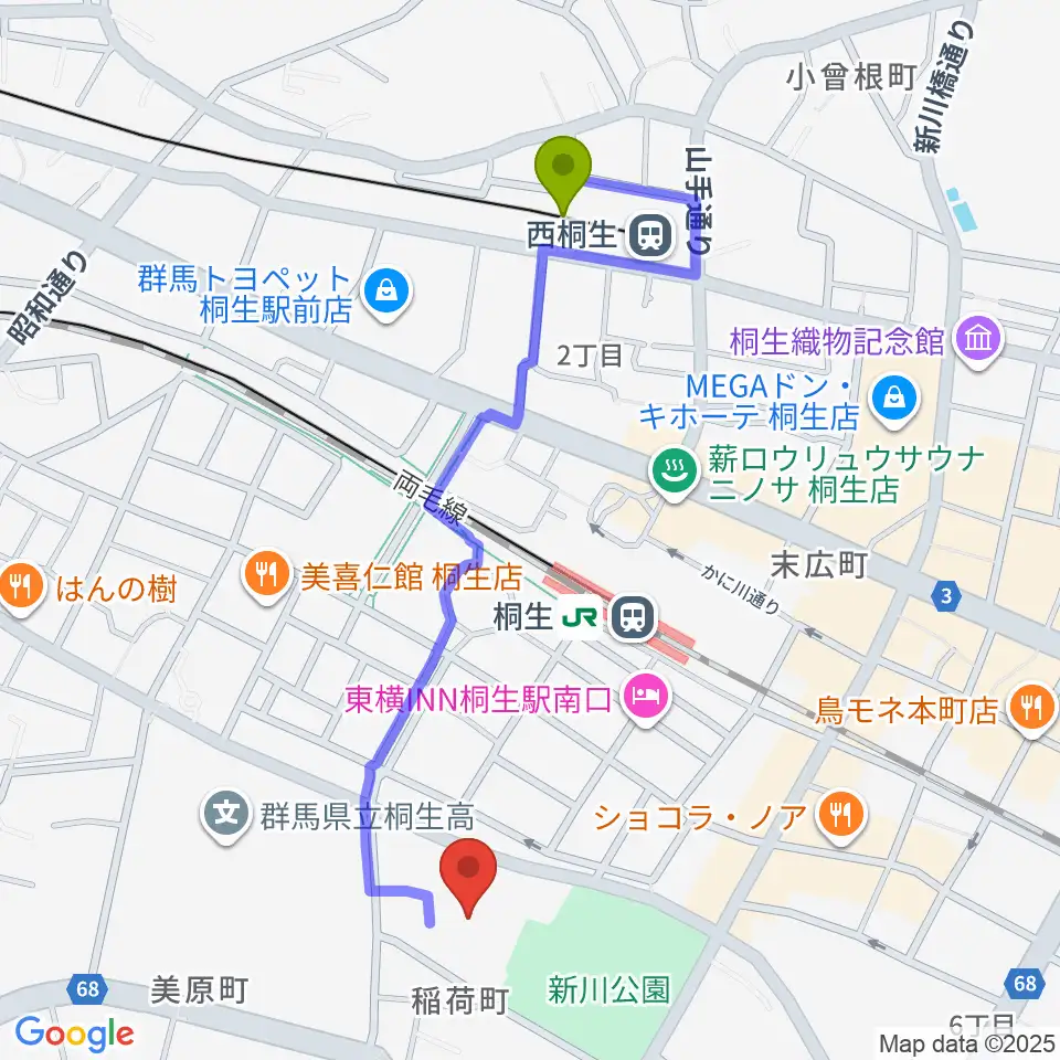 西桐生駅から桐生市立中央公民館へのルートマップ地図