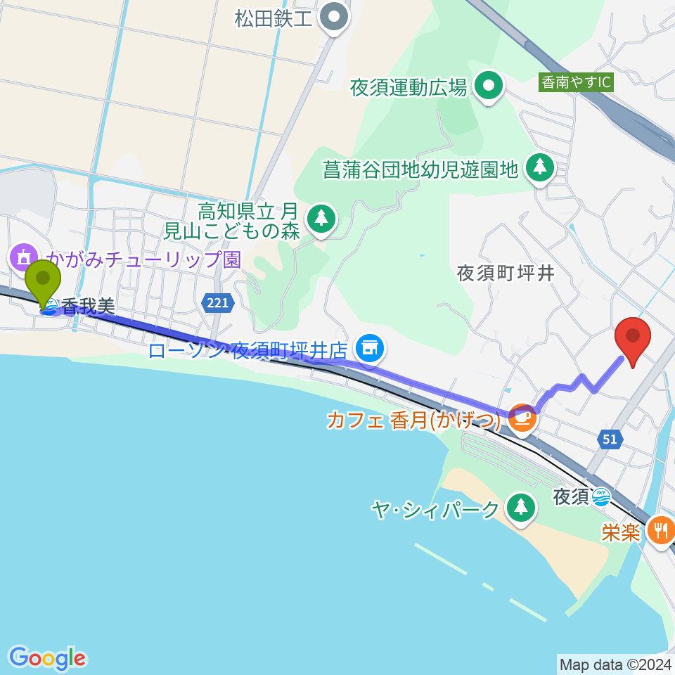香我美駅から夜須中央公民館マリンホールへのルートマップ地図