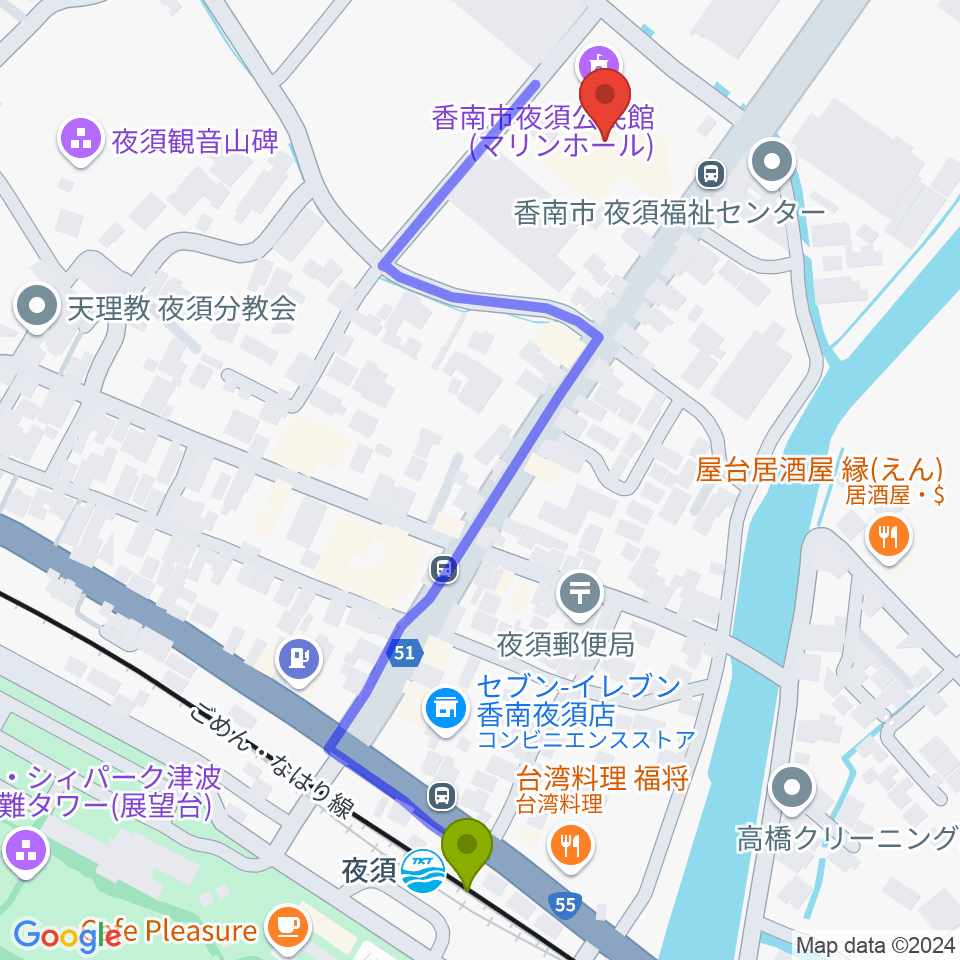 夜須中央公民館マリンホールの最寄駅夜須駅からの徒歩ルート（約6分）地図