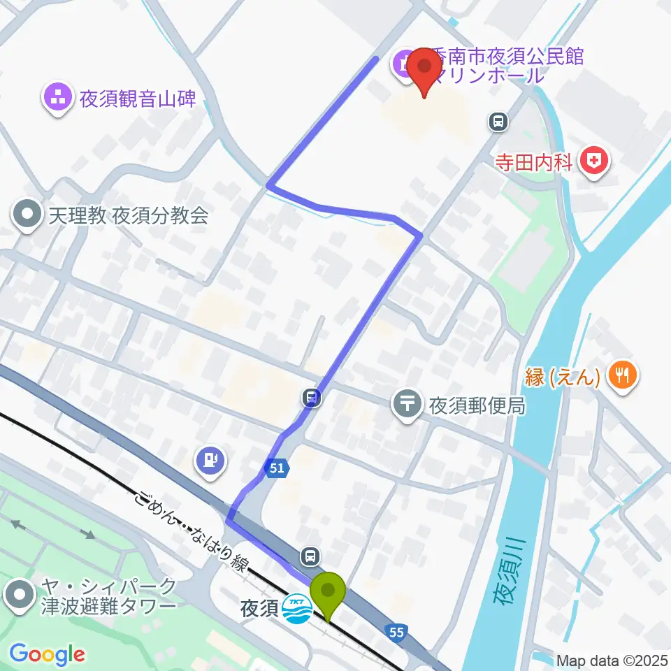 夜須中央公民館マリンホールの最寄駅夜須駅からの徒歩ルート（約6分）地図