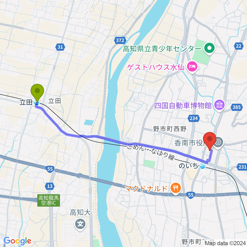 立田駅からのいちふれあいセンターへのルートマップ地図