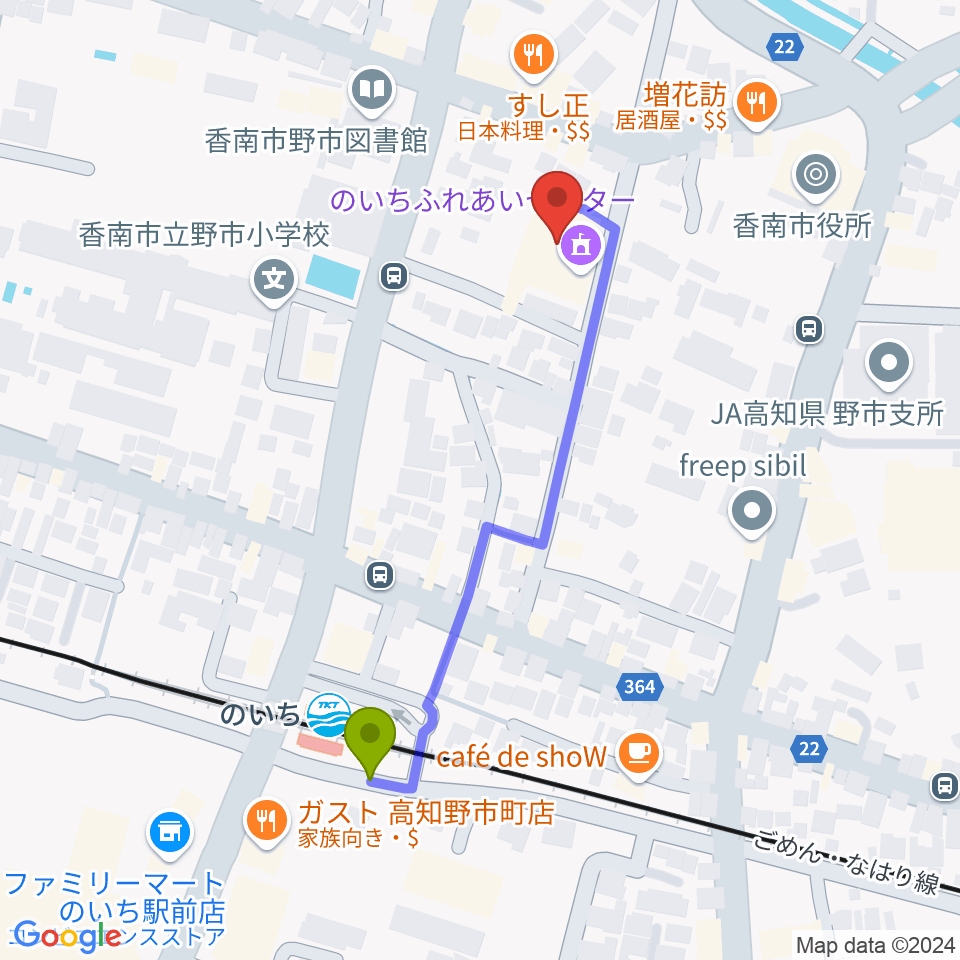 のいちふれあいセンターの最寄駅のいち駅からの徒歩ルート（約5分）地図