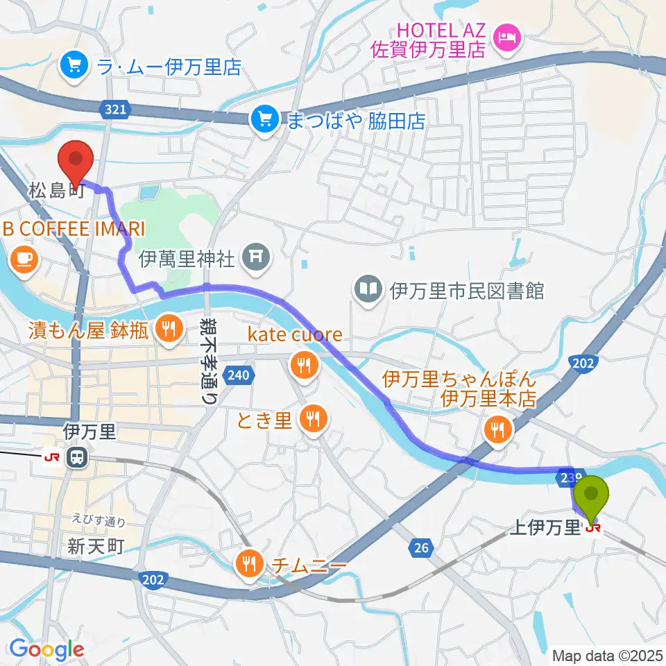 上伊万里駅から伊万里市民センターへのルートマップ地図