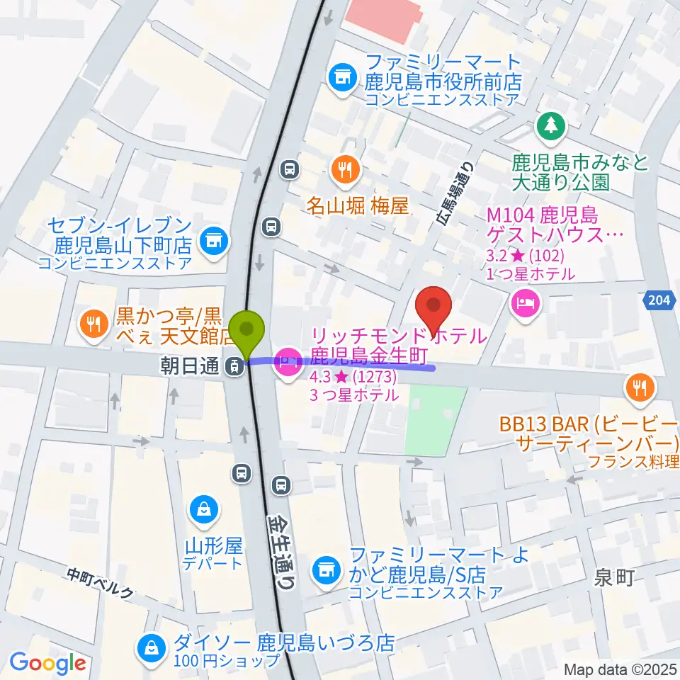 鹿児島県産業会館の最寄駅朝日通駅からの徒歩ルート（約2分）地図