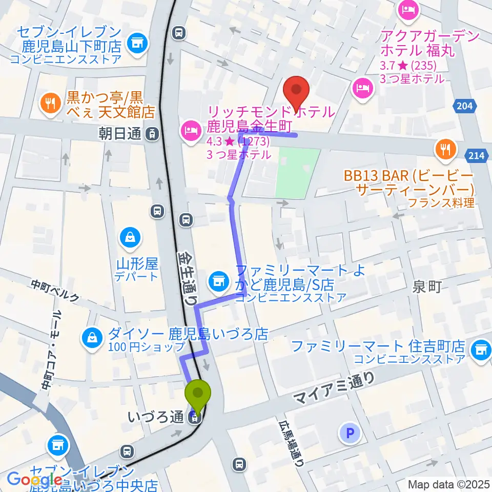 いづろ通駅から鹿児島県産業会館へのルートマップ地図