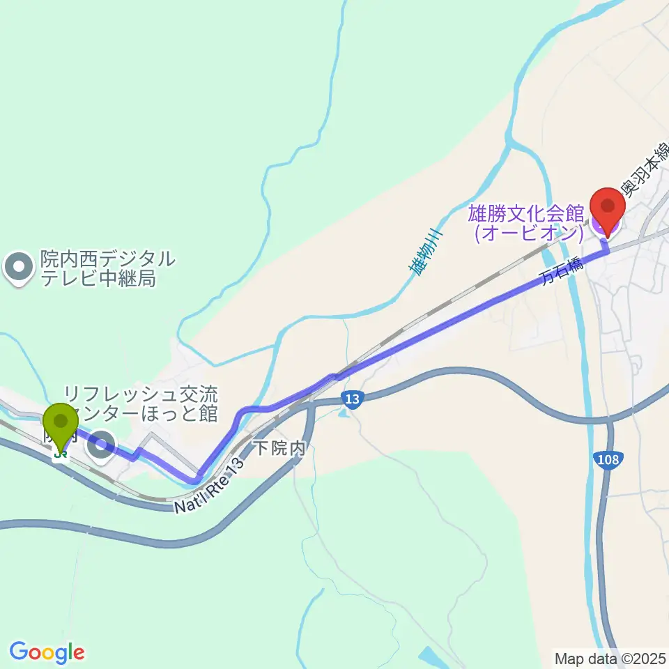 院内駅から雄勝文化会館オービオンへのルートマップ地図