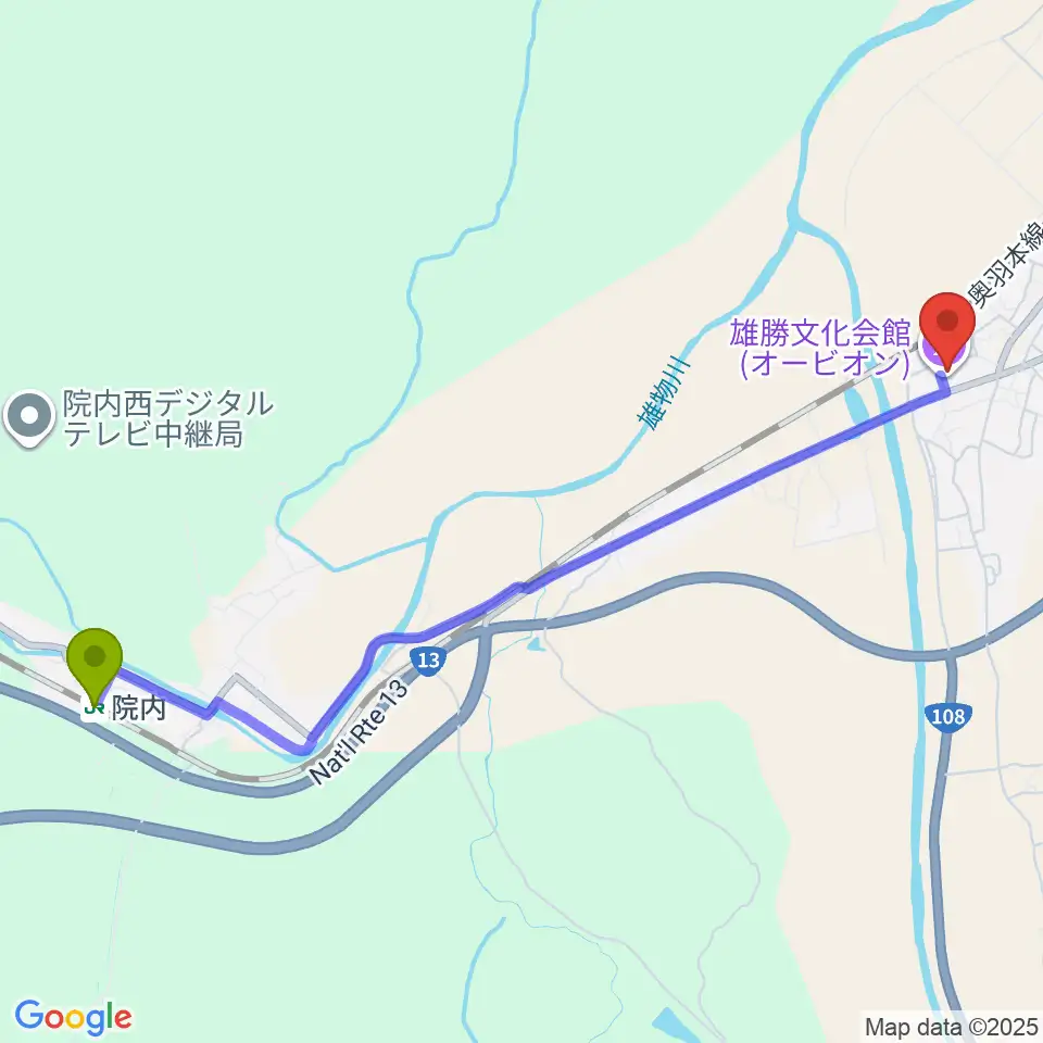 院内駅から雄勝文化会館オービオンへのルートマップ地図