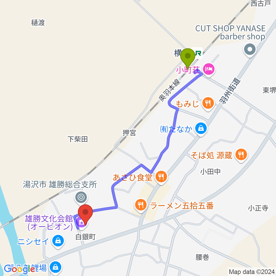 雄勝文化会館オービオンの最寄駅横堀駅からの徒歩ルート（約10分）地図