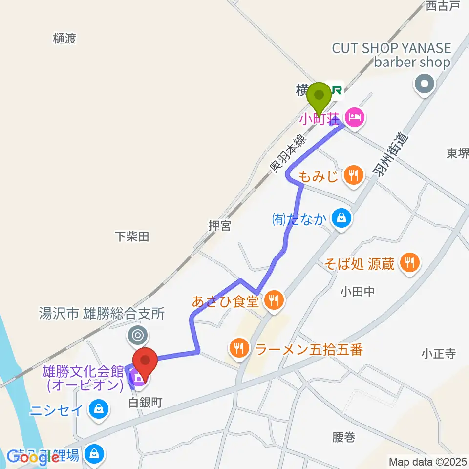 雄勝文化会館オービオンの最寄駅横堀駅からの徒歩ルート（約10分）地図