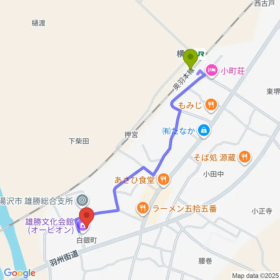 雄勝文化会館オービオンの最寄駅横堀駅からの徒歩ルート（約10分）地図