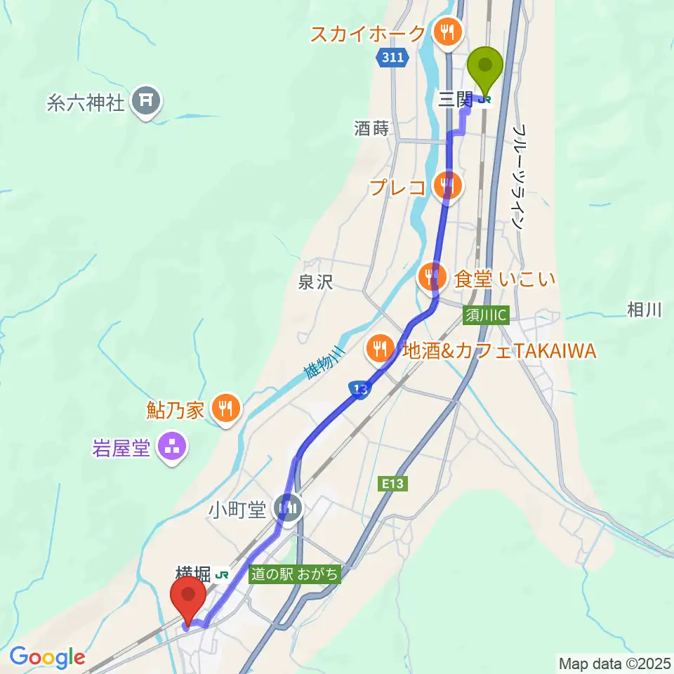 三関駅から雄勝文化会館オービオンへのルートマップ地図
