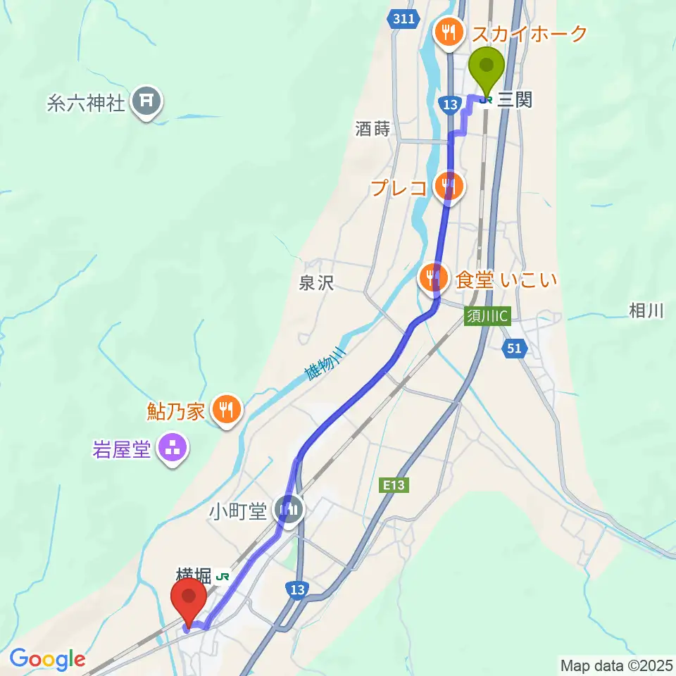 三関駅から雄勝文化会館オービオンへのルートマップ地図