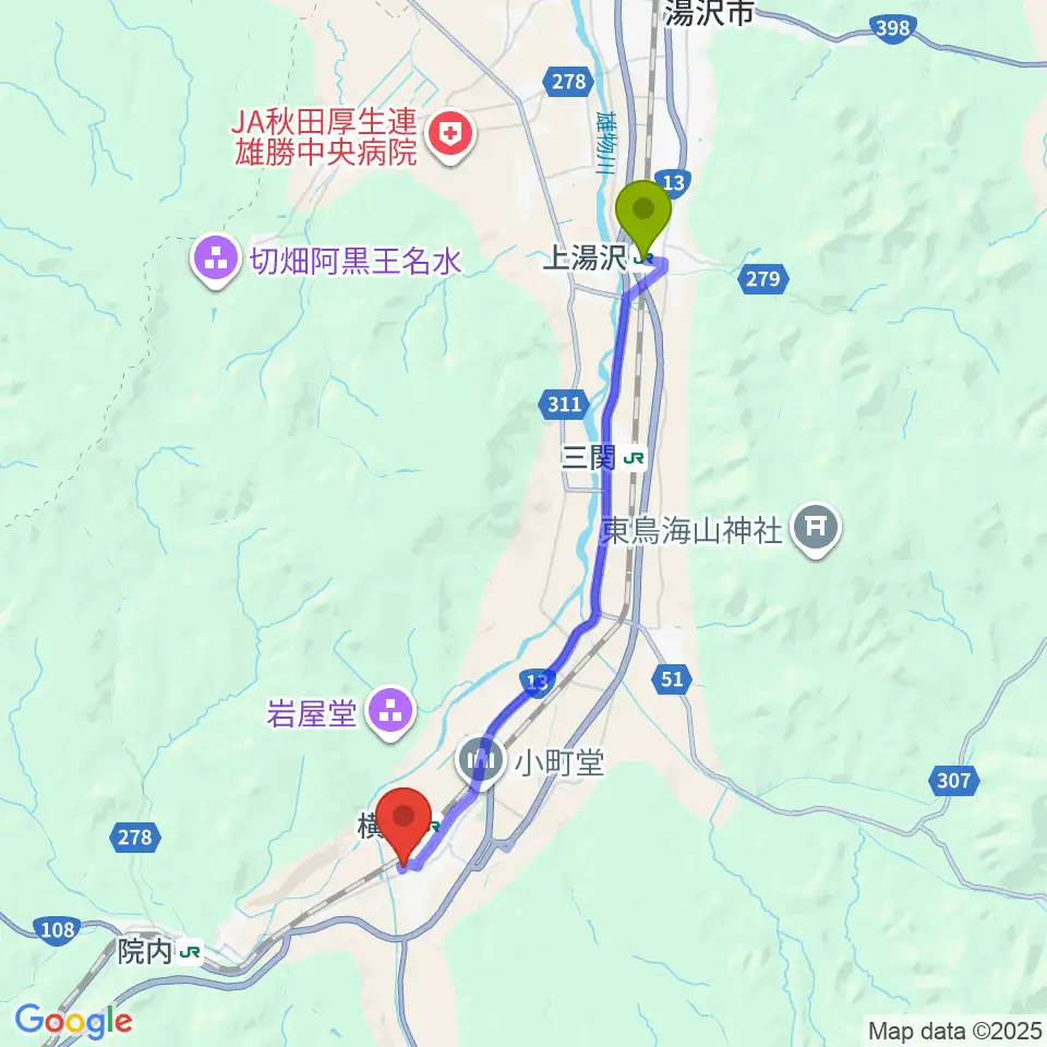 上湯沢駅から雄勝文化会館オービオンへのルートマップ地図