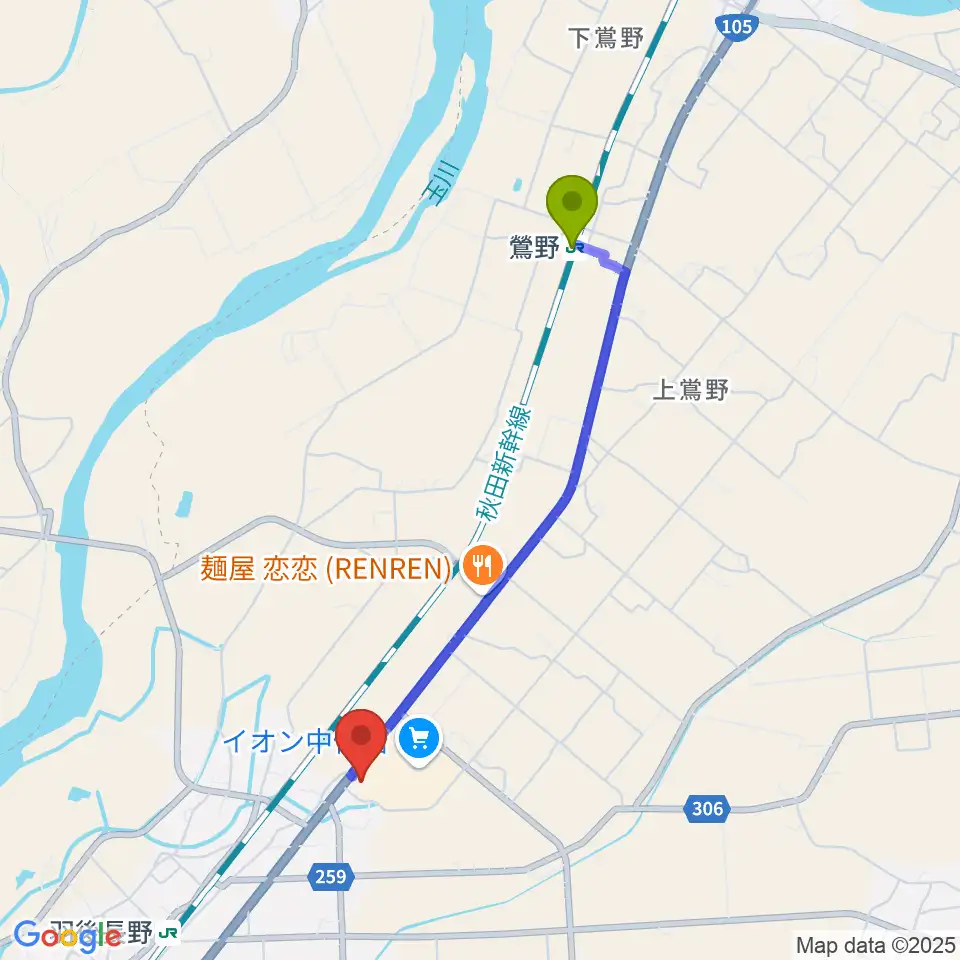 鶯野駅から中仙市民会館ドンパルへのルートマップ地図