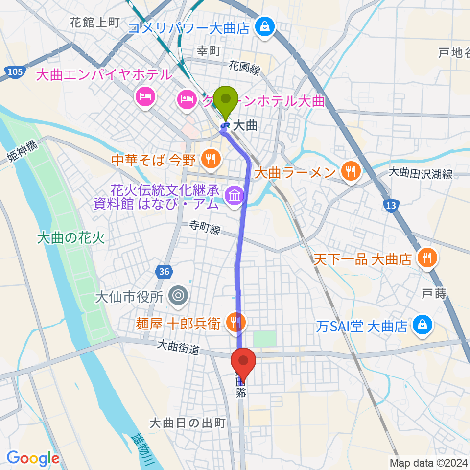 大曲市民会館の最寄駅大曲駅からの徒歩ルート（約33分）地図