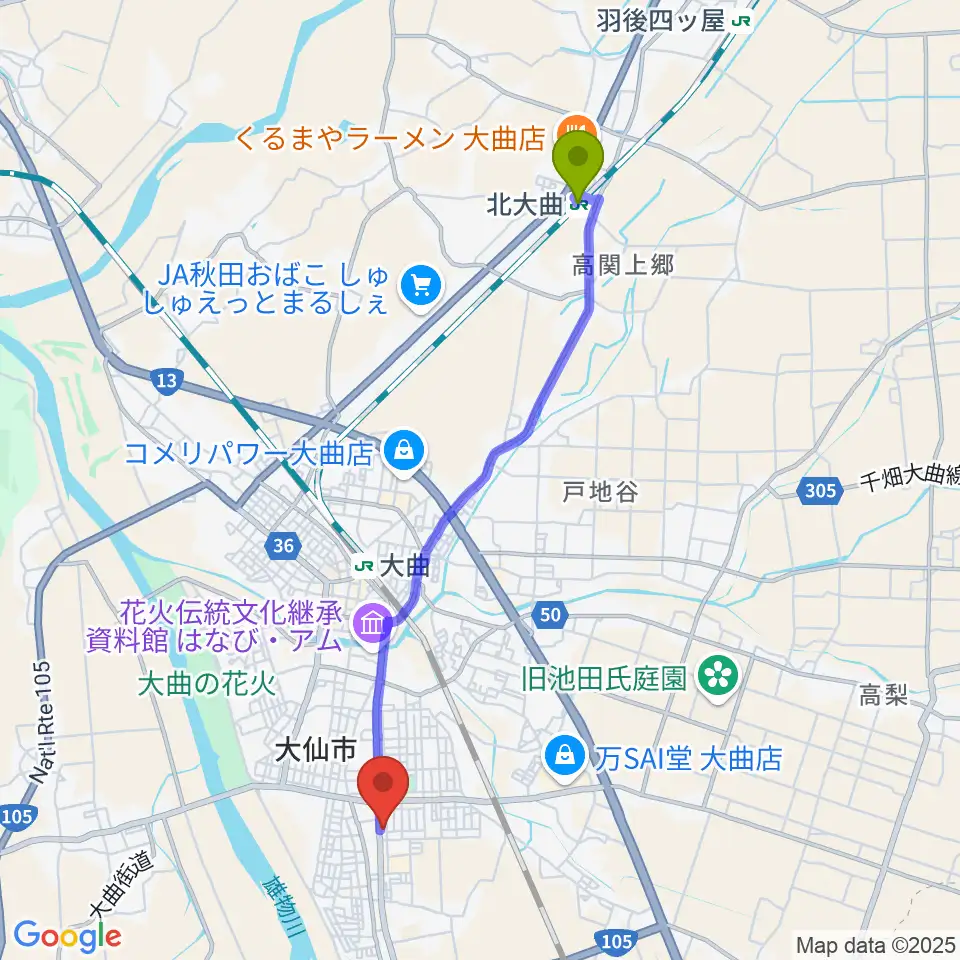 北大曲駅から大曲市民会館へのルートマップ地図