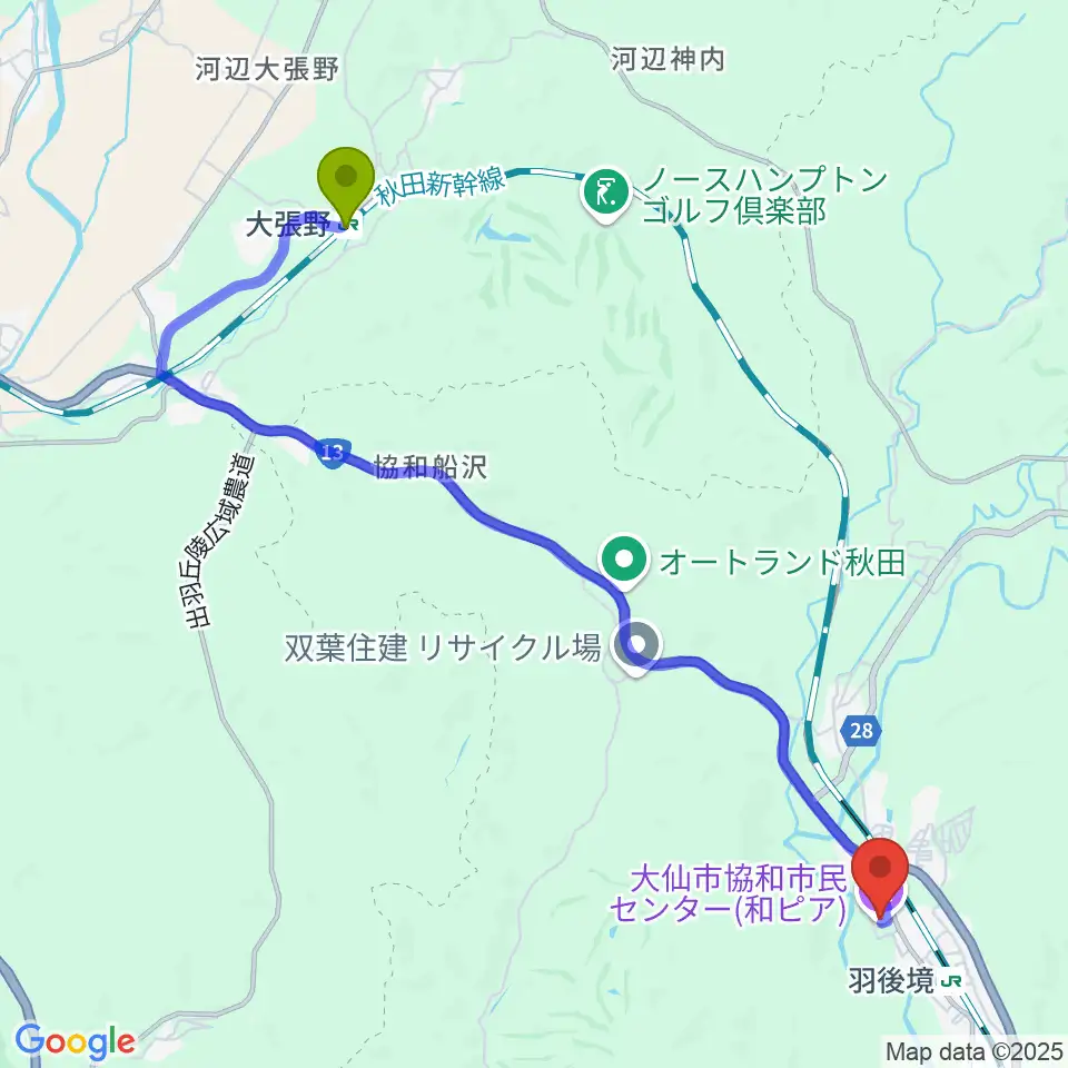 大張野駅から大仙市協和市民センター和ピアへのルートマップ地図