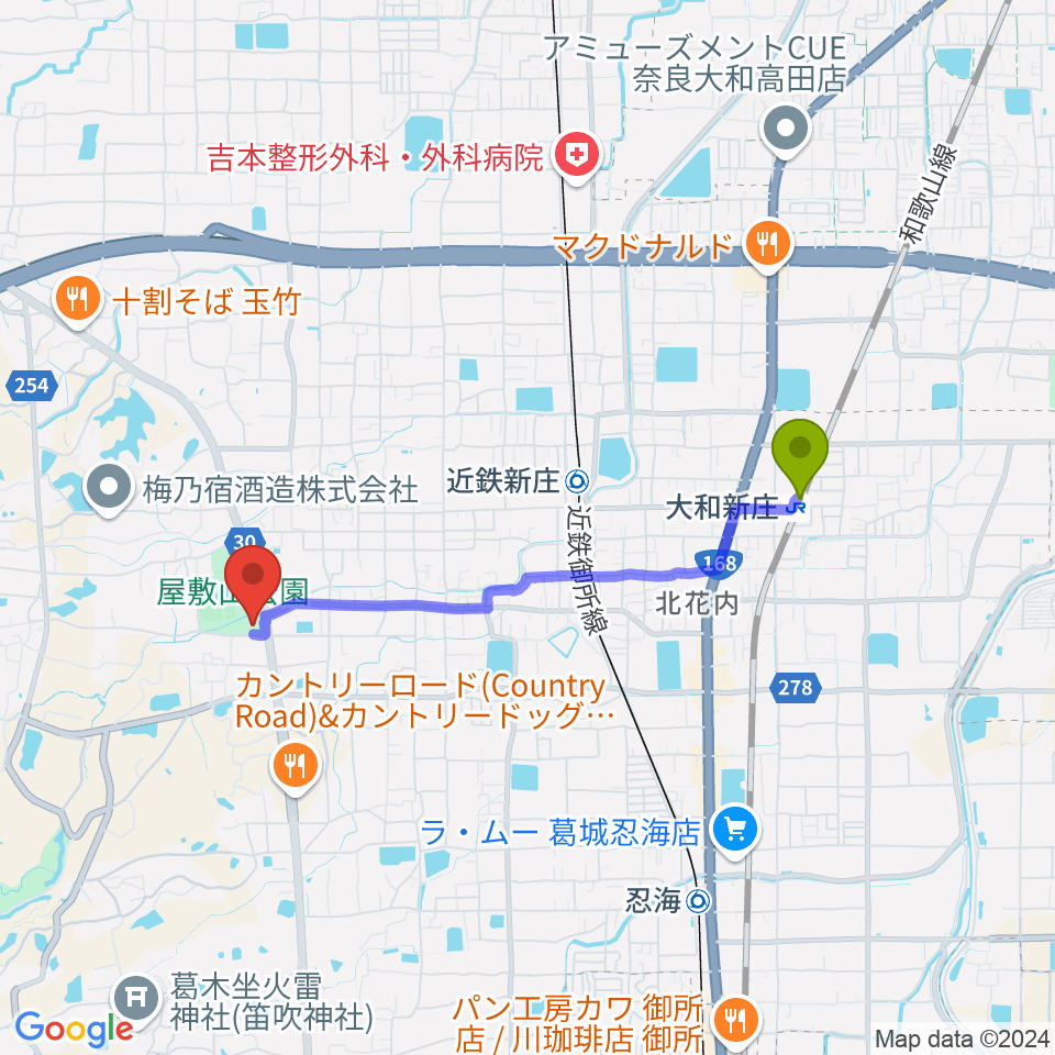 大和新庄駅から新庄文化会館マルベリーホールへのルートマップ地図