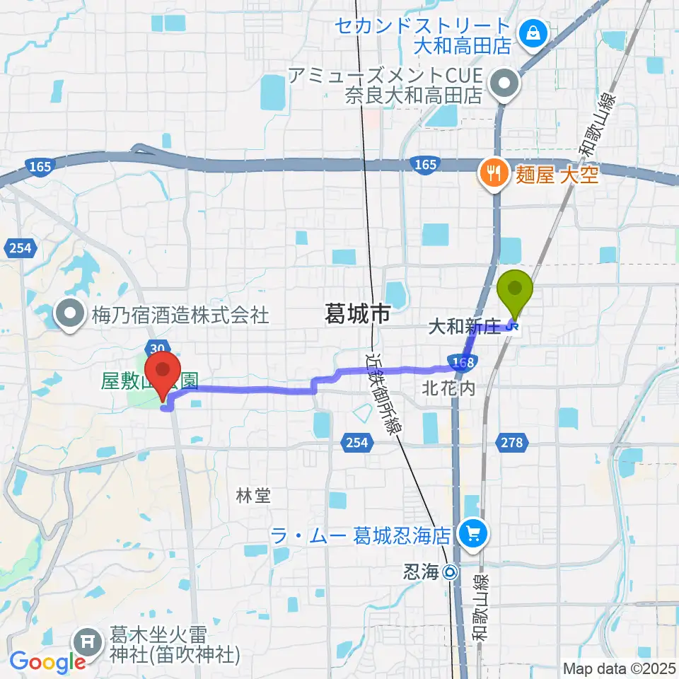 大和新庄駅から新庄文化会館マルベリーホールへのルートマップ地図