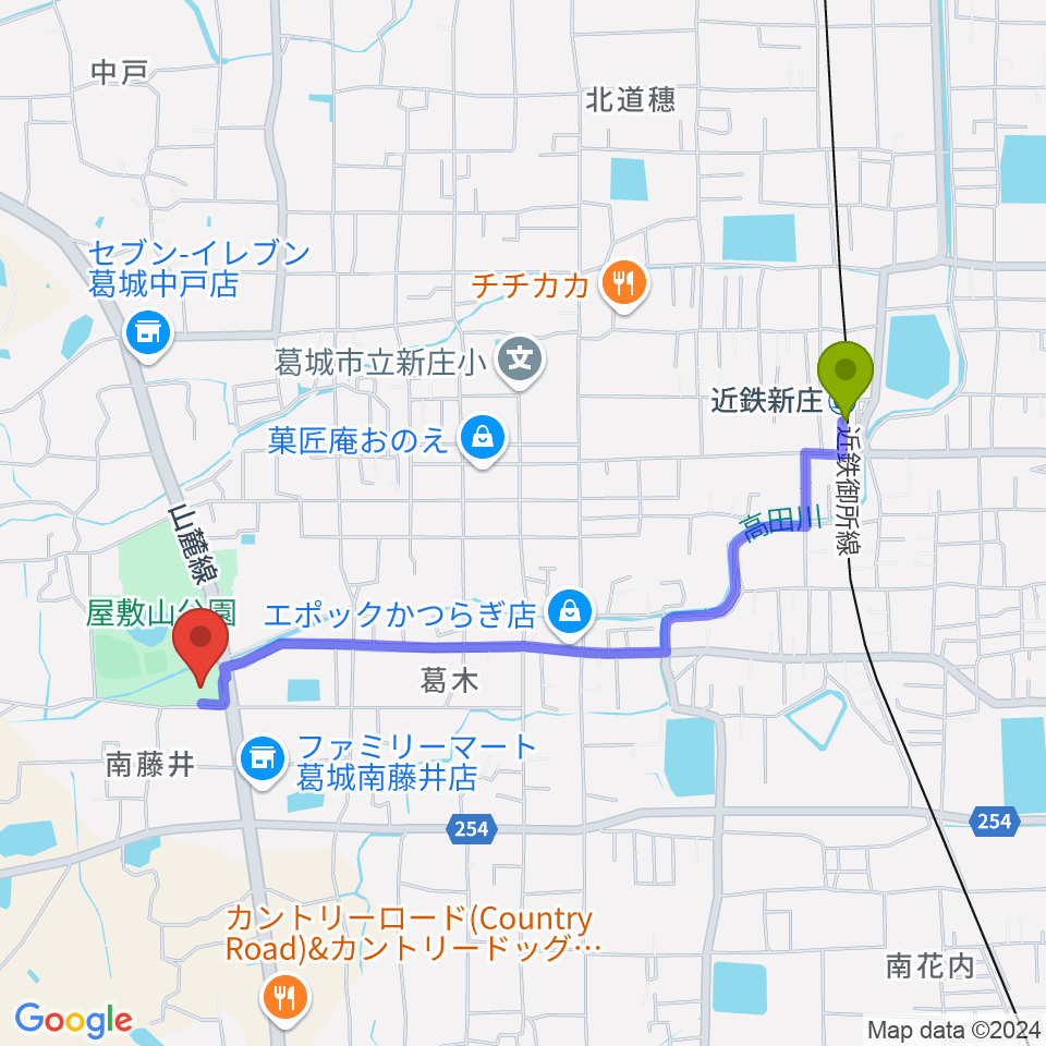 新庄文化会館マルベリーホールの最寄駅近鉄新庄駅からの徒歩ルート（約21分）地図