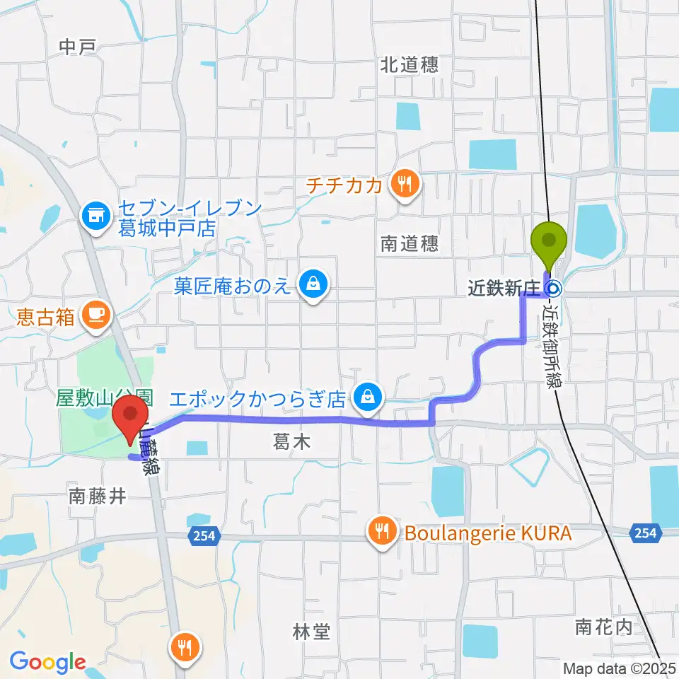 新庄文化会館マルベリーホールの最寄駅近鉄新庄駅からの徒歩ルート（約21分）地図