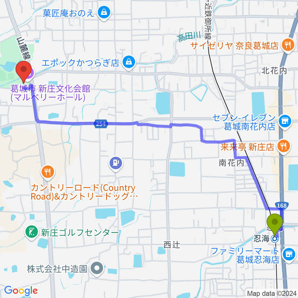 忍海駅から新庄文化会館マルベリーホールへのルートマップ地図