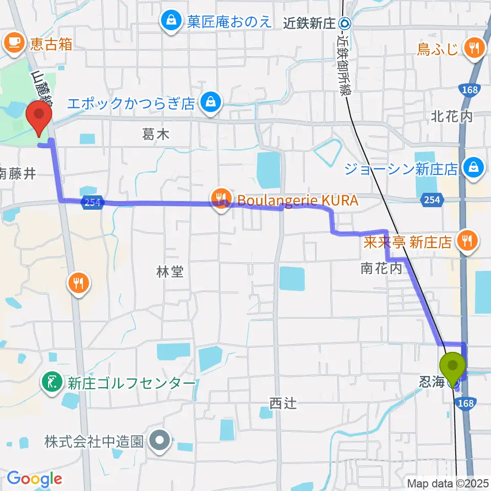 忍海駅から新庄文化会館マルベリーホールへのルートマップ地図