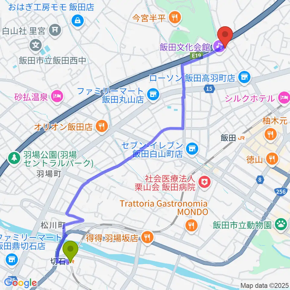 切石駅から飯田人形劇場へのルートマップ地図