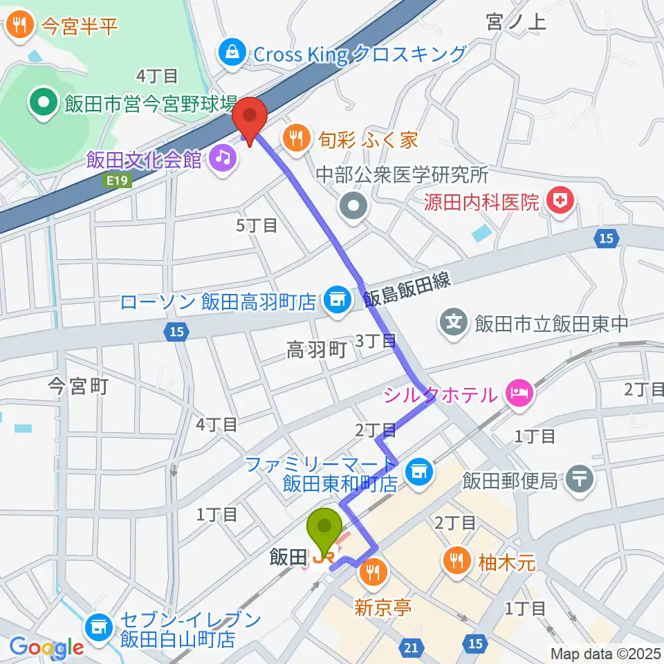 飯田人形劇場の最寄駅飯田駅からの徒歩ルート（約10分）地図