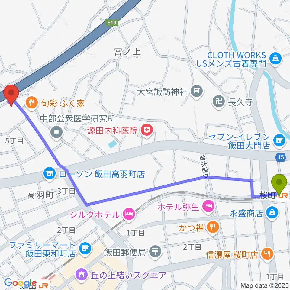 桜町駅から飯田人形劇場へのルートマップ地図