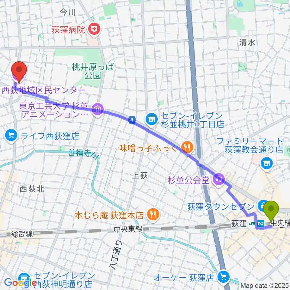 荻窪駅から西荻地域区民センターへのルートマップ地図